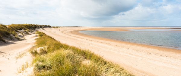 Sand dunes where Norfolk Coast path National Trail from Barnham Overy Staithe reaches the sea, East Anglia, England, UK.