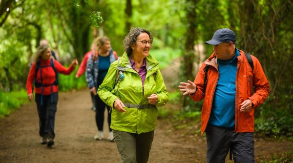 Walkers talking on a wide path with overhanging trees 