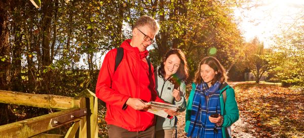 Three walkers looking at a map, standing by a gate with trees in the background