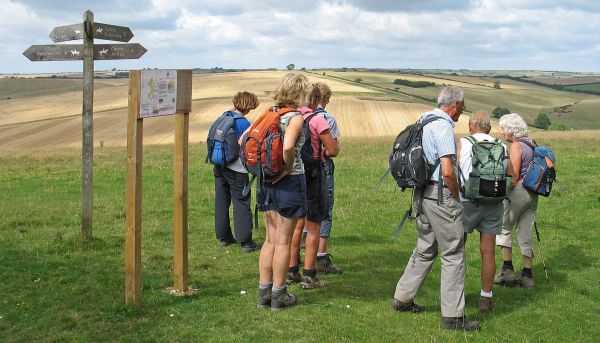 Walkers standing by waymarkers in a field.