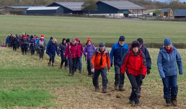 a long line of walkers going across a field