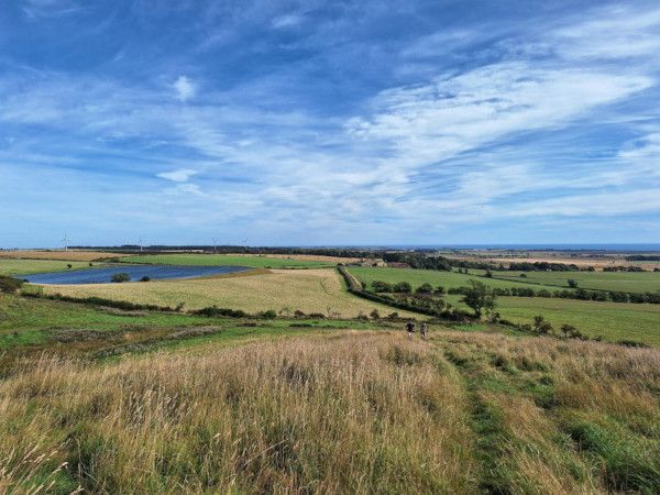 A view over grassy fields with blue skies up above