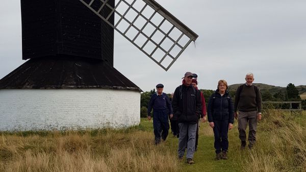 five walkers next to a windmill