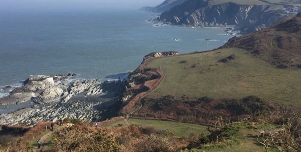 Rugged hills looking out over the ocean in North Devon.