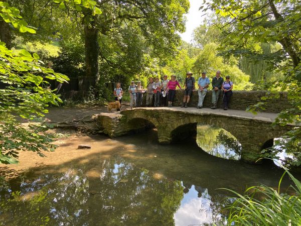 walkers stood on a low stone bridge over a forest stream