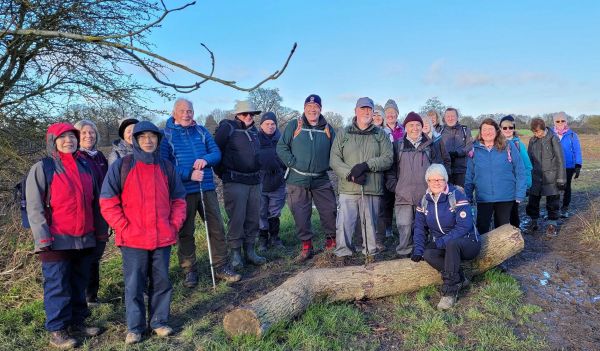 smiling walkers stood behind a fallen tree trunk with one walker sat on it