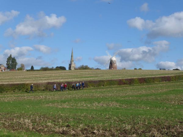 a grass field with a church spire and windmill in the background