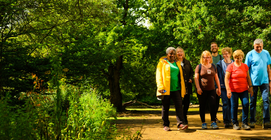 Group walking in a park. 