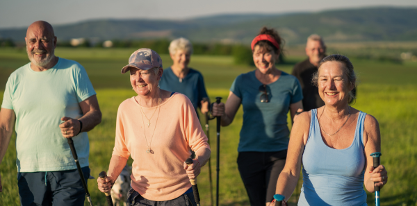 A group of six walkers in evening sunshine, smiling while walking across a field of grass 